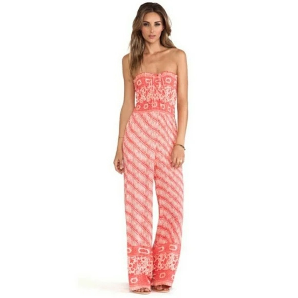 Free People Coral Strapless Printed Jumpsuit